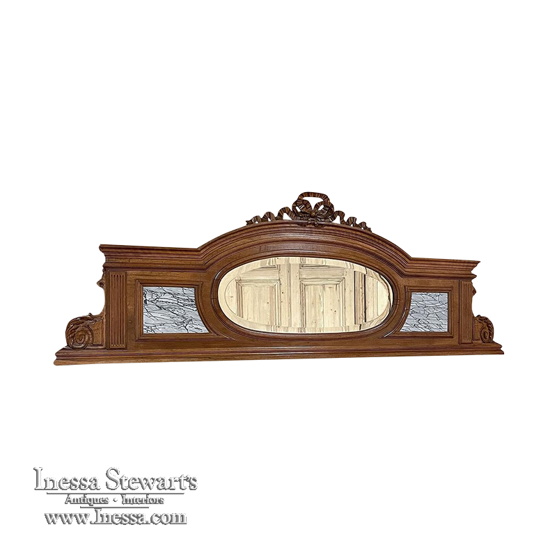 Antique French Louis XVI Walnut Mantel Mirror with Marble Insets