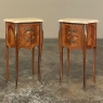 Pair Antique French Louis XV Mahogany Marquetry Marble Top Nightstands