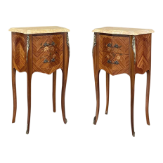 Pair Antique French Louis XV Mahogany Marquetry Marble Top Nightstands