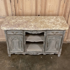 Antique French Louis XIV Gray Washed Fruitwood Marble Top Buffet