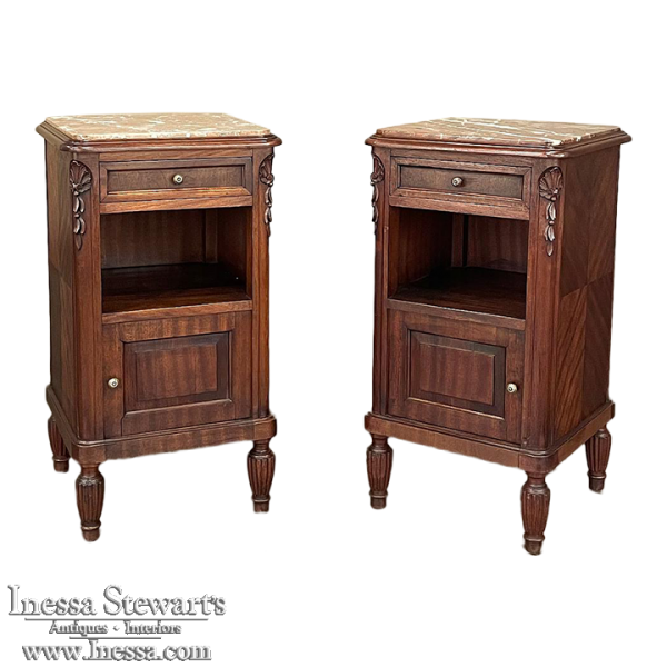 Pair Antique French Neoclassical Marble Top Mahogany Nightstands