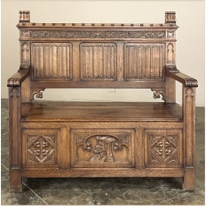 Antique Gothic Revival Carved Hall Bench