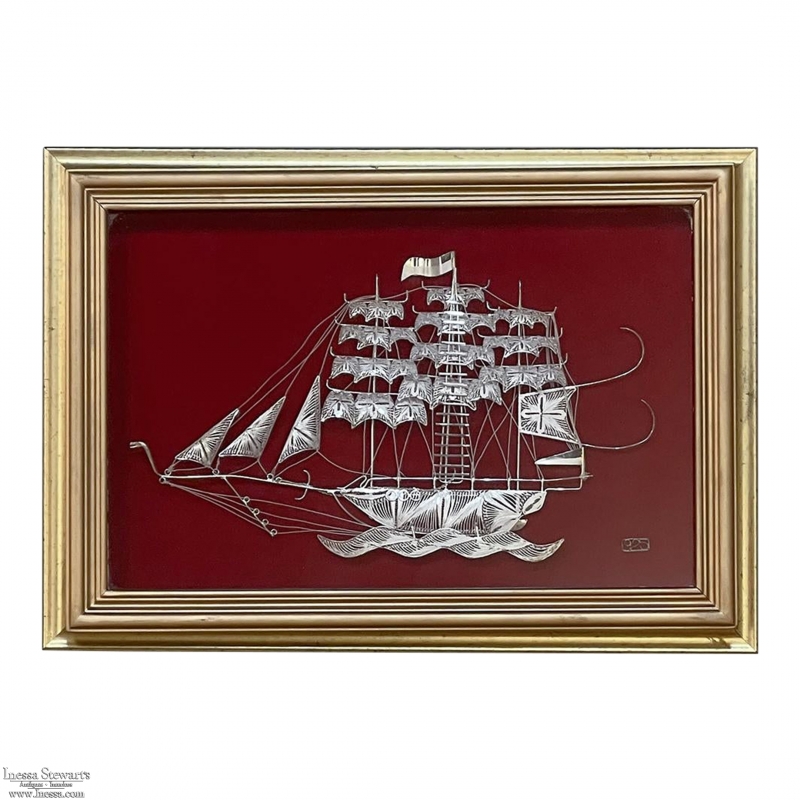 Framed Vintage Sterling Silver Filigree Sailing Vessel on Velvet