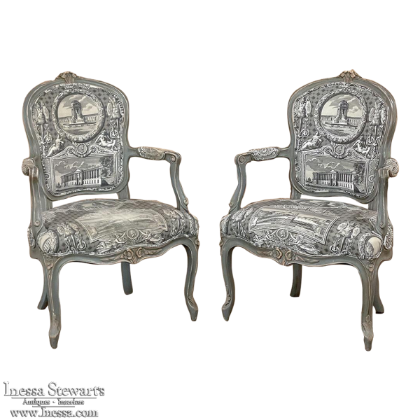 Pair Antique French Painted Louis XV Armchairs ~ Fauteuils
