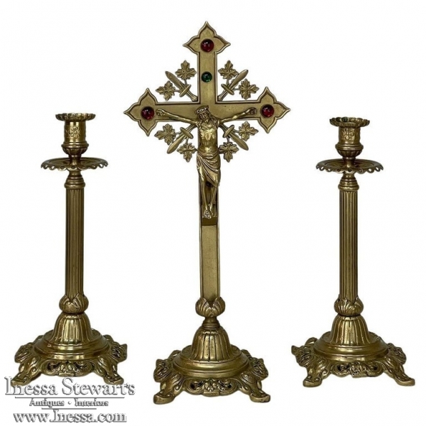 19th Century Cast Brass Crucifix with Pair of Matching Candlesticks