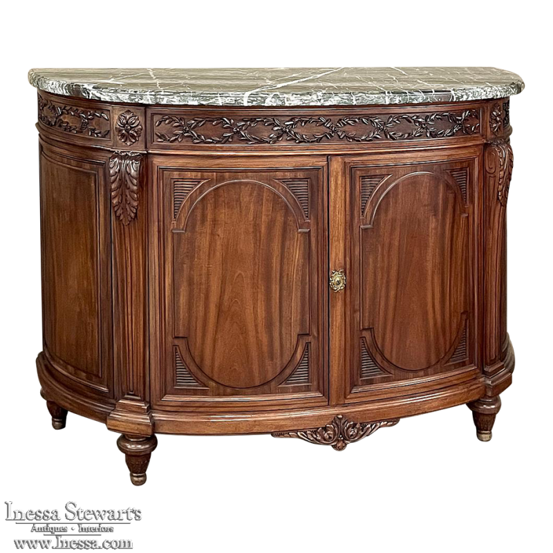 19th Century French Louis XVI Demilune Mahogany Marble Top Buffet