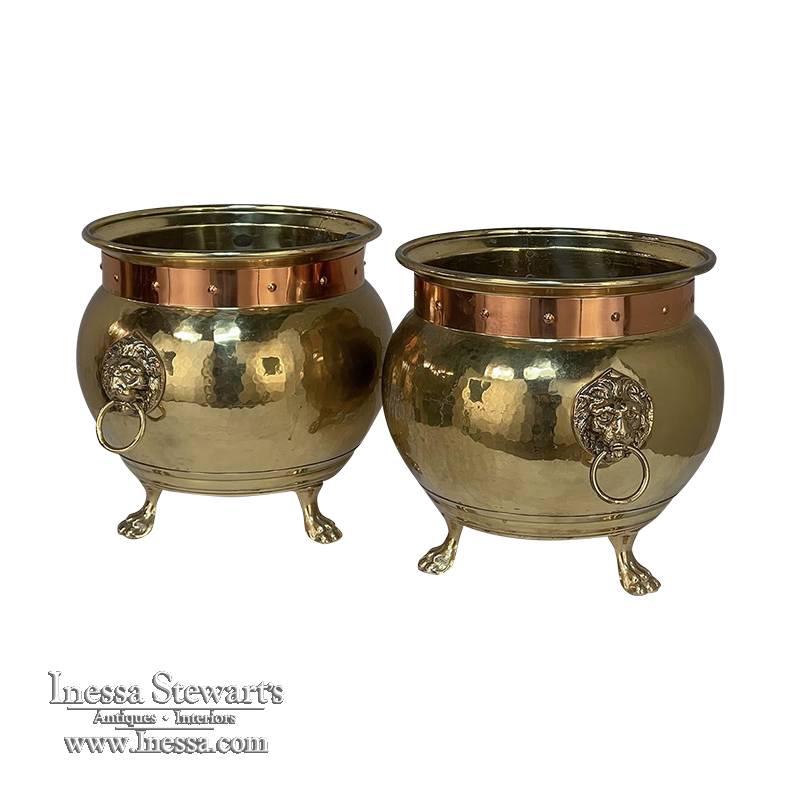 Pair 19th Century Napoleon III Period Brass & Copper Footed Jardinieres