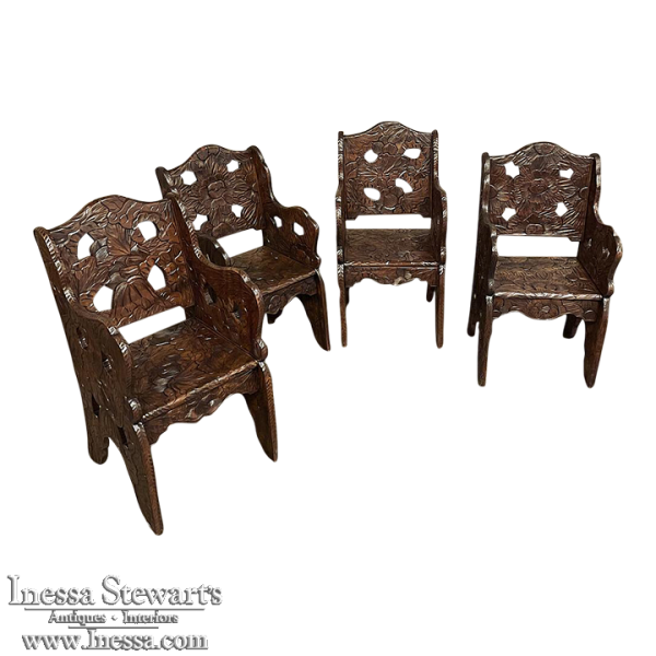 Set of 4 Antique Black Forest Style Sycamore Armchairs ~ Game Table Chairs