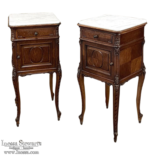Pair Antique French Louis XVI Walnut Marble Top Nightstands