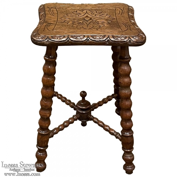 Antique French Renaissance Stool with Spooled Legs
