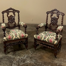 19th Century Renaissance Revival / Louis XIII Style Barley Twist Armchairs in Solid Oak