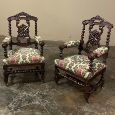 19th Century Renaissance Revival / Louis XIII Style Barley Twist Armchairs in Solid Oak