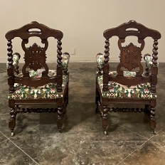 19th Century Renaissance Revival / Louis XIII Style Barley Twist Armchairs in Solid Oak