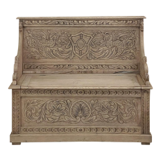 19th Century Renaissance Revival Hand-Carved Hall Bench in Stripped Oak