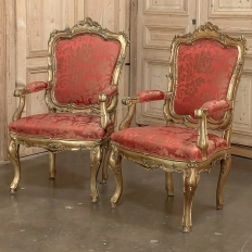 Pair Antique Italian Baroque Giltwood Armchairs with Damascene Silk