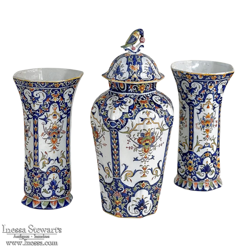 Faience Garniture from Rouen ~ Pair of Ceramic Vases with Matching Lidded Urn