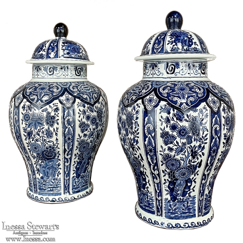 Pair Antique Delft Lidded Urns by Boch of Holland