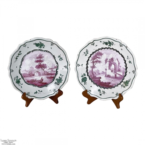 Pair 18th Century Hand-Painted Faience Plates