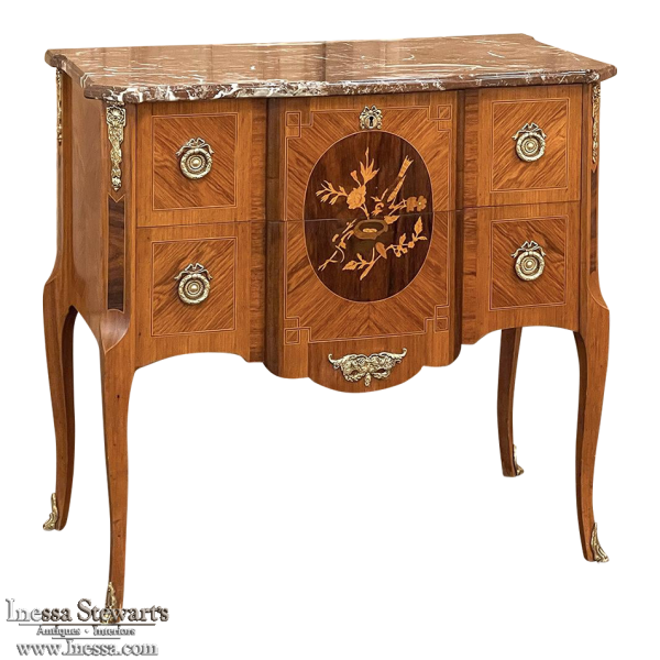 Antique Swedish Louis XVI Neoclassical Marquetry Marble Top Commode