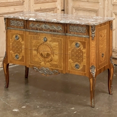 PAIR Antique French Louis XVI Marble Top Marquetry Commodes