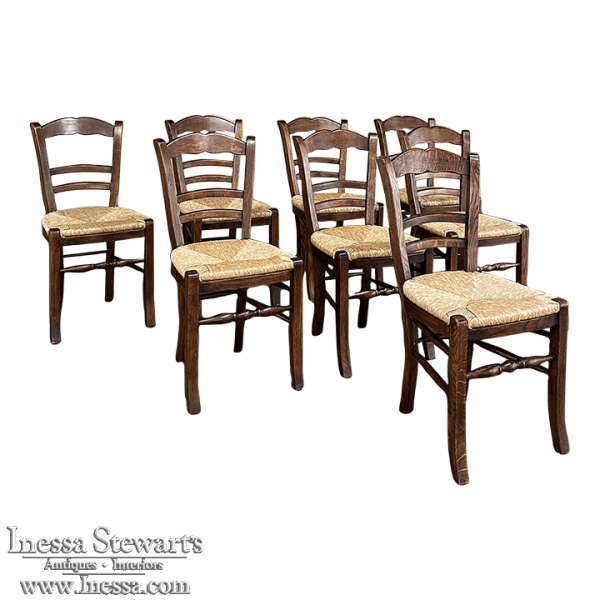 Set of 8 Antique Country French Rush Seat Dining Chairs
