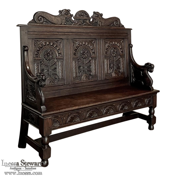 19th Century English Renaissance Carved Hall Bench by Baker of Somerset