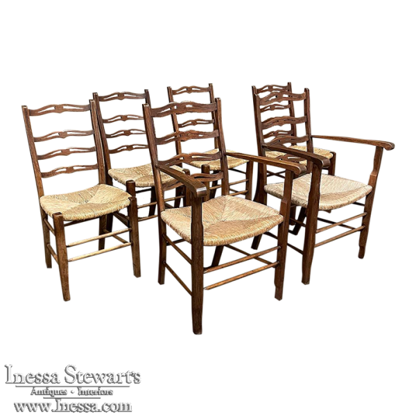 Set of 6 Country French Dining Chairs with Rush Seats includes 2 Armchairs