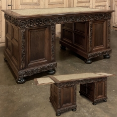Antique French Walnut Executive Desk with Pull-Outs and Faux Leather Top