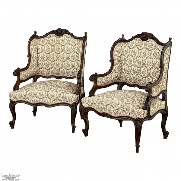 Pair 19th Century French Louis XV - Regence Armchairs ~ Bergeres