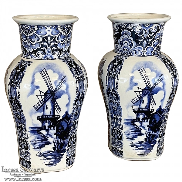 Pair Antique Delft Hand-Painted Blue & White Vases