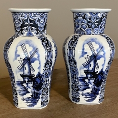 Pair 19th Century Delft Hand-Painted Blue & White Vases