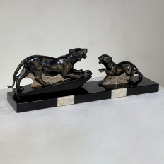 Art Deco Period French Sculpture of Tigers on Polished Slate Base