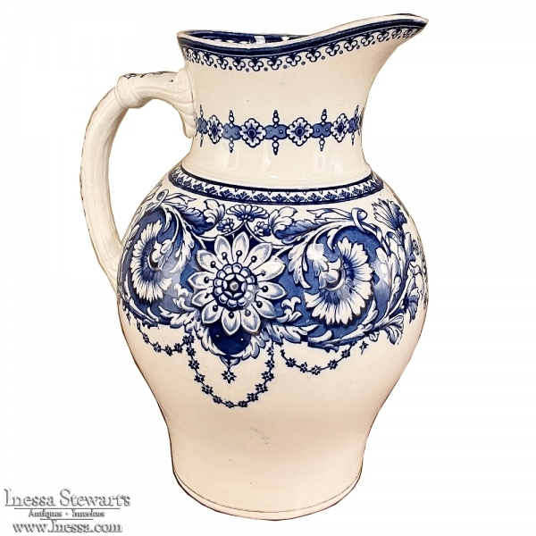 19th Century English Blue & White Transferware Pitcher ~ Clarendon pattern by S&P