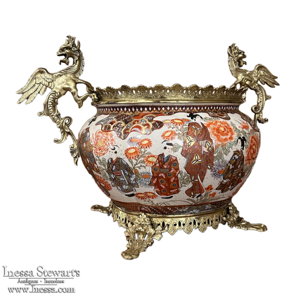 19th Century Japanese Satsuma Vase ~ Jardiniere with Bronze Mounts