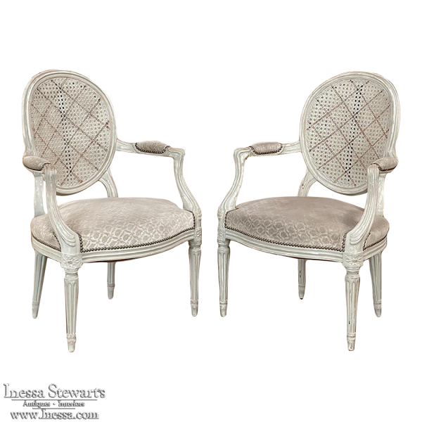 Pair Antique French Louis XVI Painted Armchairs with Cane and Fabric