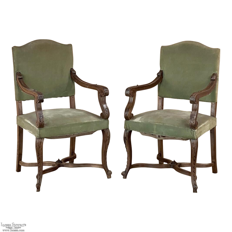 Pair 19th Century French Louis XV Walnut Armchairs ~ Fauteuils