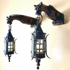 Pair Gothic Hand-Carved Gargoyle Lantern Wall Sconces