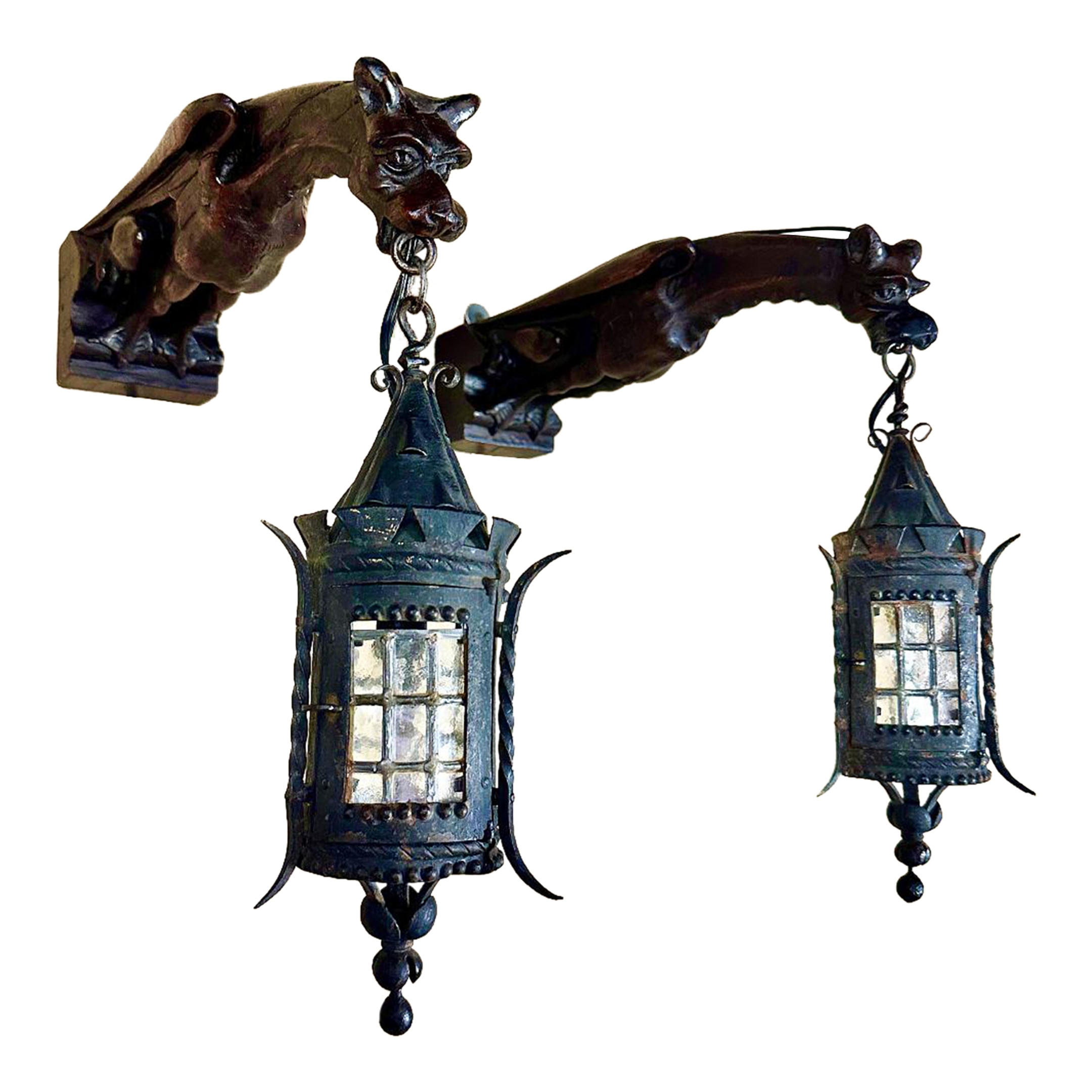 Salme Tranquility panel Pair Gothic Hand-Carved Gargoyle Lantern Wall Sconces
