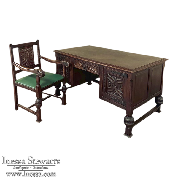 Antique French Gothic Partner's Desk and Armchair Set