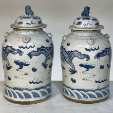 Pair 19th Century Blue & White Chinese Lidded Urns