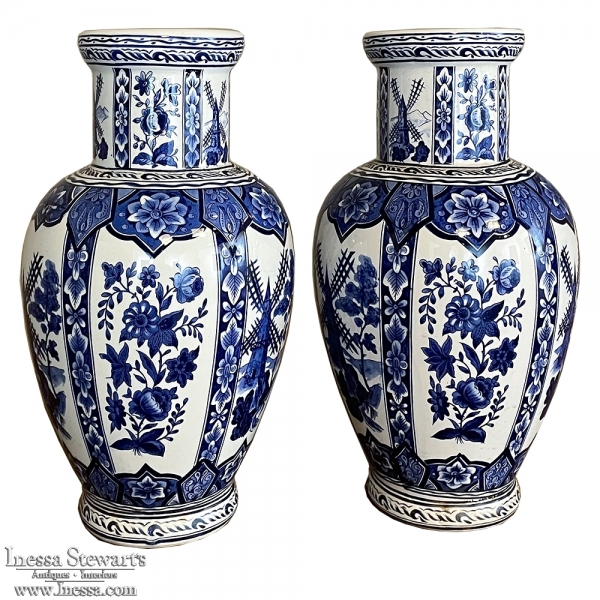 Pair Antique Delft Hand-Painted Blue & White Vases