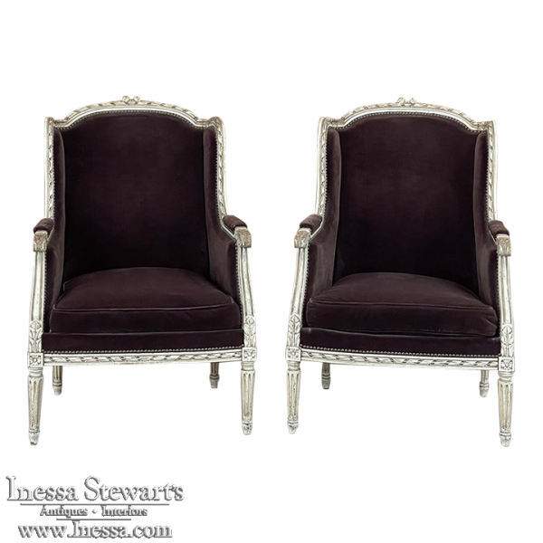 Pair Antique French Louis XVI Painted Bergeres ~ Wingback Armchairs