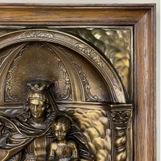 Antique Framed Embossed Brass Plaque of Madonna & Child