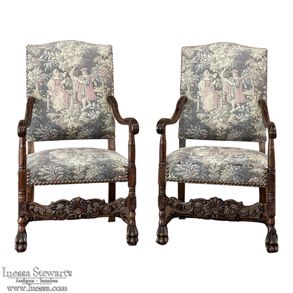 Pair Antique French Louis XIII Armchairs with Tapestry Upholstery