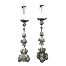 PAIR Antique Solid Pewter Baroque Style Candlestick Floor Lamps