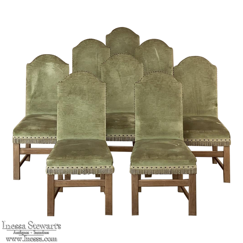 Set of 8 Antique French Louis XIII Upholstered Dining Chairs