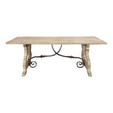 Vintage Spanish Colonial Dining Table with Wrought Iron in Solid Stripped Oak