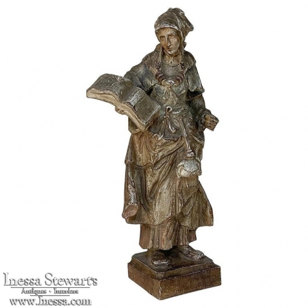 19th Century French Hand Carved and Painted Wood Statue
