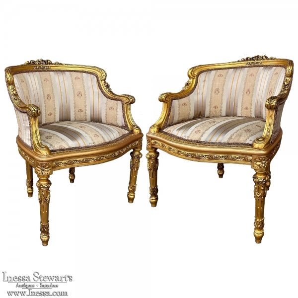 Antique Italian Neoclassical Louis XVI Petite Giltwood Bergeres ~ Armchairs