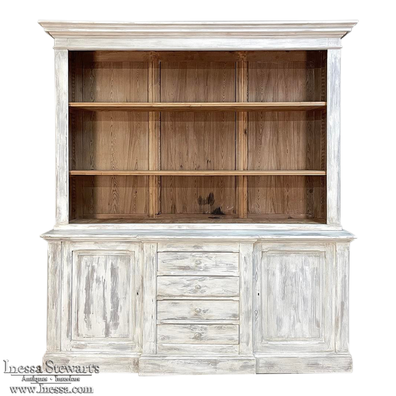 Grand 19th Century French Rustic Neoclassical Bookcase in Whitewashed Pine